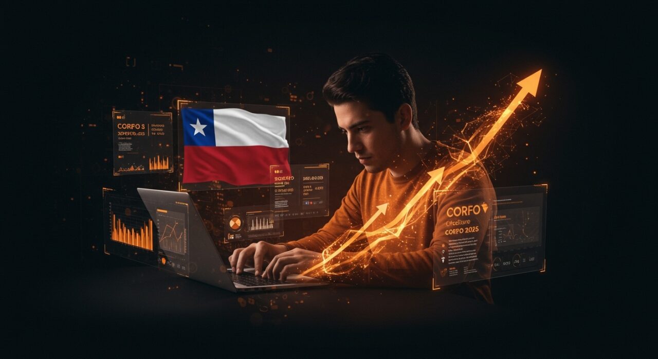 Founder de startup chileno trabajando con interfaces digitales que muestran las convocatorias CORFO 2025 para financiamiento e innovación en emprendimiento.