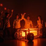 Equipo de startup Coreshell Technologies celebrando innovación en baterías para vehículos eléctricos en la Copa Mundial de Startups, con metáforas visuales de financiamiento y tecnología limpia.