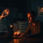 Fundador tecnológico trabajando con corutinas y tasks en Python async para gestión avanzada del event loop en SaaS.