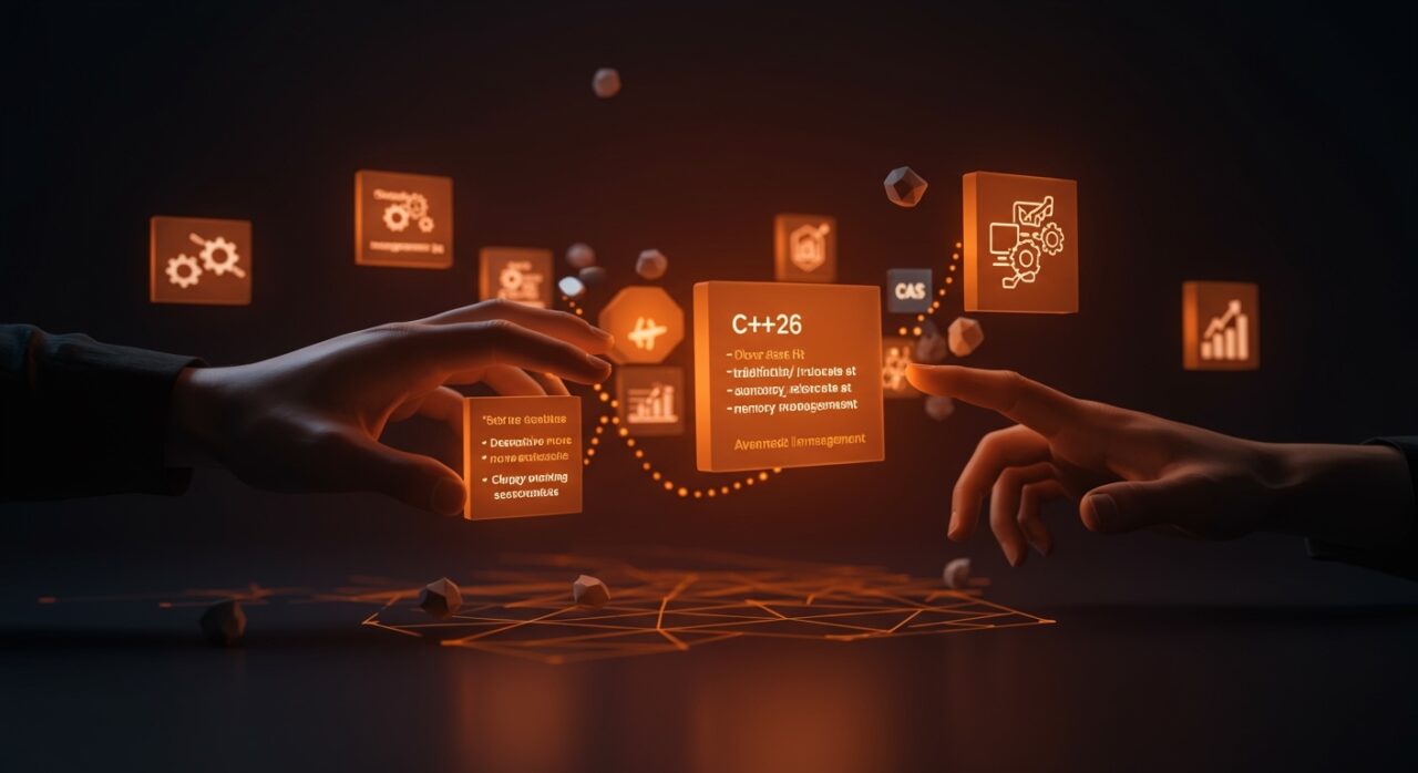 Visualización conceptual sobre C++26 y la gestión avanzada de memoria en desarrollo de software para SaaS, destacando la ausencia de destructive move semantics en el estándar.