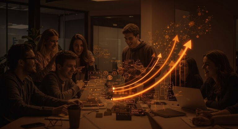 Grupo de emprendedores estudiantes colaborando en Móstoles en concurso de startups fomentando la innovación y proyectos empresariales.