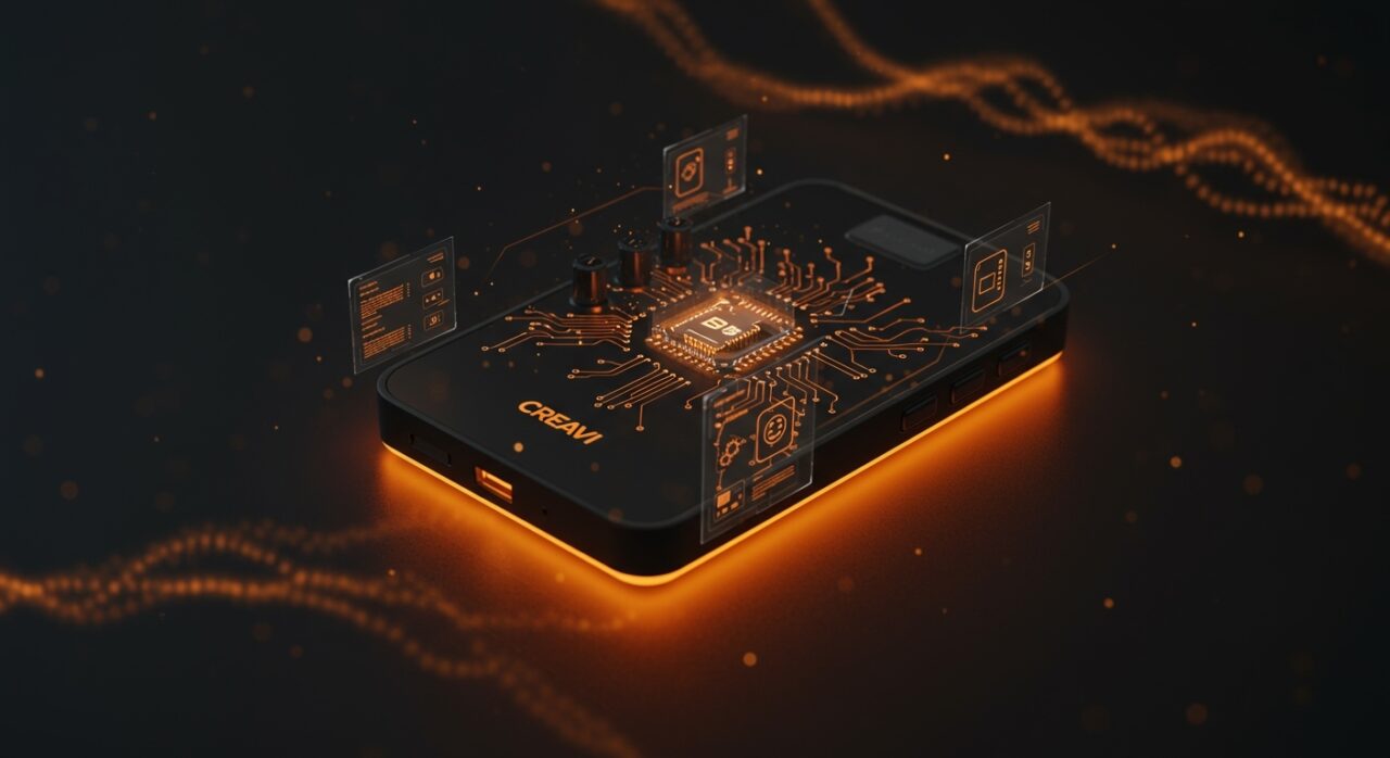 Creavi Macropad mostrando integración innovadora de hardware y software embebido con diseño industrial y conectividad BLE para startups tecnológicas.