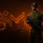 Soldado de la reserva canadiense en un entorno urbano-tecnológico, simbolizando resiliencia y reclutamiento militar con enfoque en startups y defensa.