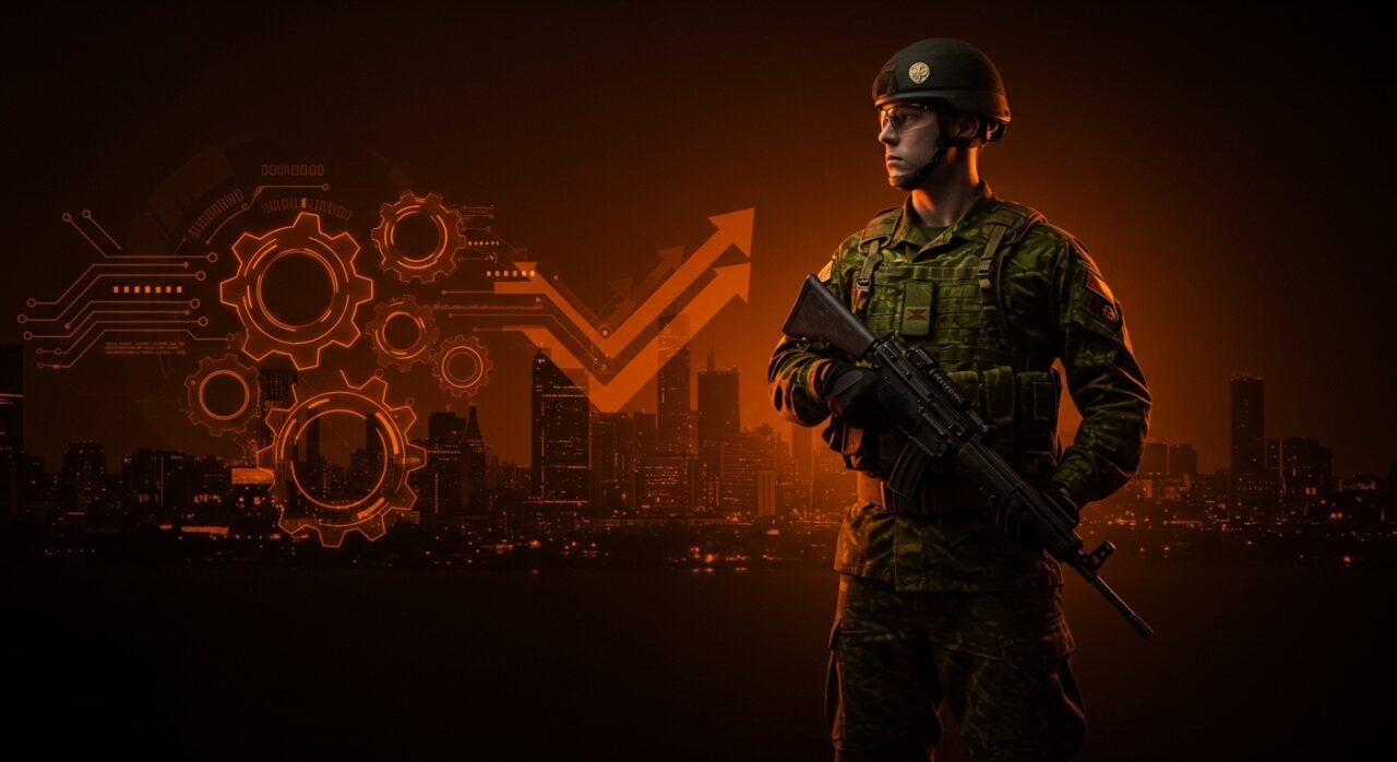 Soldado de la reserva canadiense en un entorno urbano-tecnológico, simbolizando resiliencia y reclutamiento militar con enfoque en startups y defensa.