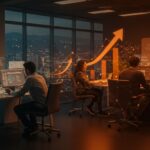 Crecimiento del ecosistema startups en Medellín con emprendedores colaborando en un centro de innovación bajo luces color naranja y negro.