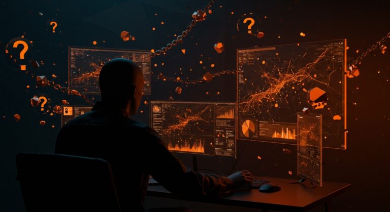 Figura oscura analizando informes de inteligencia artificial en ciberseguridad, destacando crítica y escepticismo en reportes técnicos.