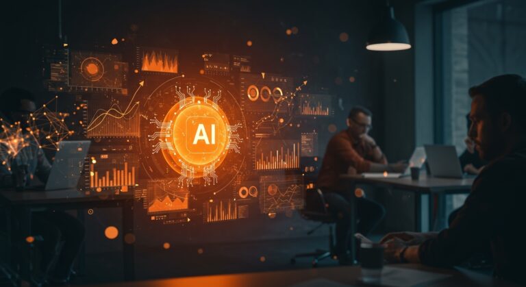 Asistente de IA brillante con gráficos financieros holográficos y emprendedores discutiendo rondas de inversión en financiación de startups tecnológicas.