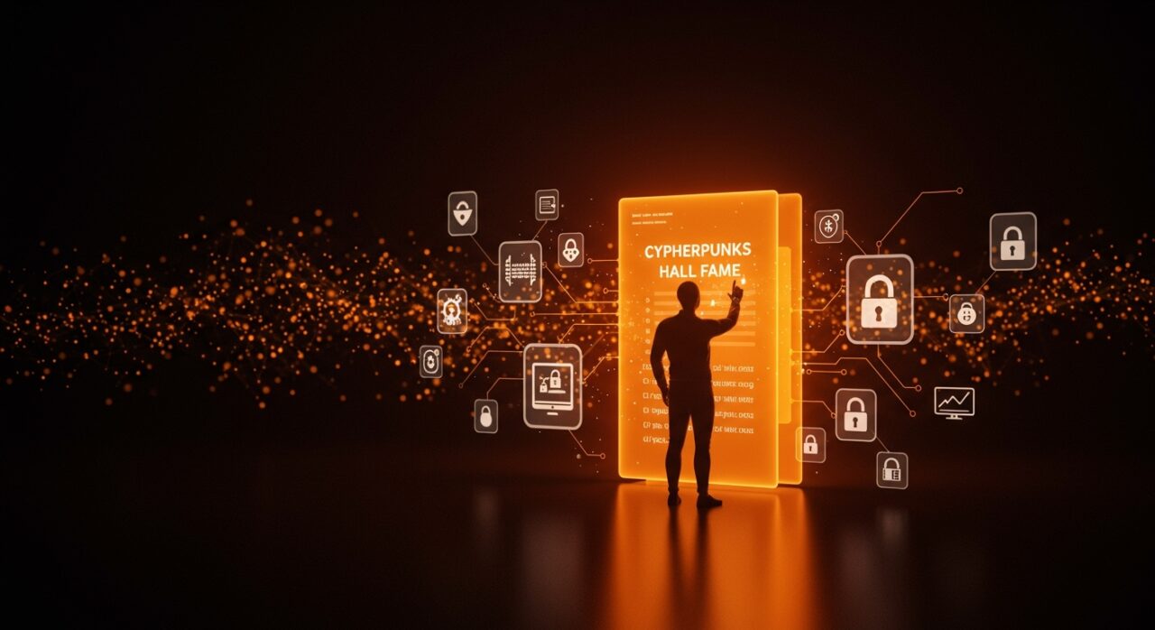 Figura contemplativa frente a archivo digital brillante representando la privacidad digital y el legado cypherpunk en activismo tecnológico.