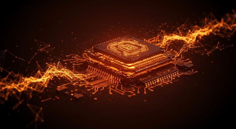 Integración heterogénea 3D en semiconductores impulsada por DARPA y Texas representada en un chip tecnológico avanzado con energía y abstracción geométrica.