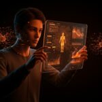 Figura humana analizando modelos de IA en un entorno digital que representa los desafíos humanos en la evaluación de IA aplicada en empresas.