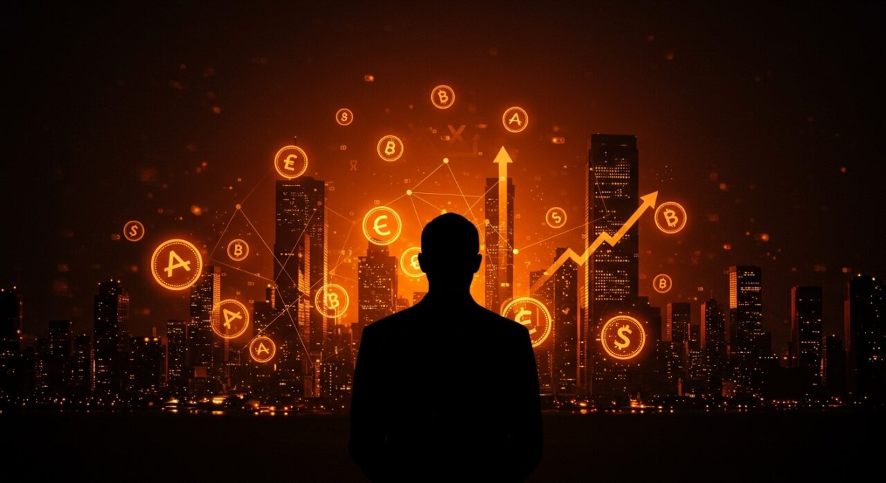 David Sacks contemplando una ciudad digital que combina inteligencia artificial y criptomonedas bajo la administración Trump, destacando tendencias tecnológicas y oportunidades de inversión.