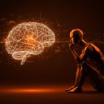Figura de IA en tonos naranja y negro reflexionando junto a un cerebro holográfico, simbolizando la capacidad de pensamiento en inteligencia artificial.