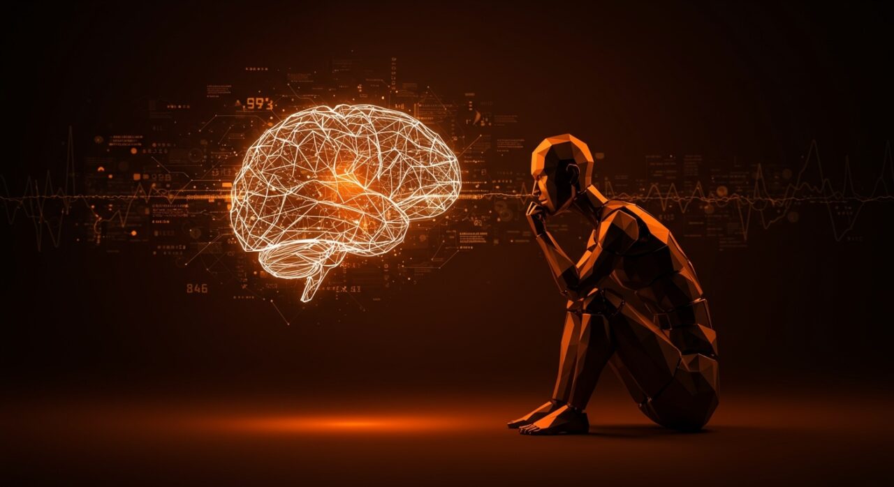 Figura de IA en tonos naranja y negro reflexionando junto a un cerebro holográfico, simbolizando la capacidad de pensamiento en inteligencia artificial.