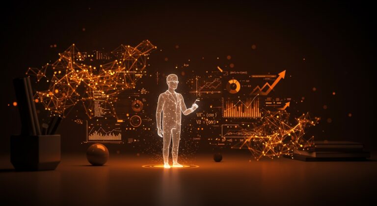 Visualización de IA aplicada al razonamiento matemático auto-verificable con hologramas y redes neuronales en paleta Ecosistema Startup.