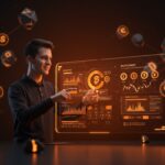 Nómina en criptomonedas para startups mostrando flujo financiero digital y tecnología blockchain en paisaje futurista.