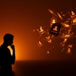 Silhouette contemplative in front of floating domain tags visualizing desconfianza en nuevos TLDs y tendencias en branding digital para startups.