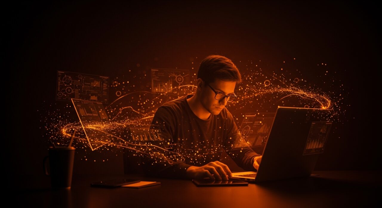 Startup fundador manejando dispositivos tecnológicos representando productividad y renovación en la economía digital con énfasis en sostenibilidad tecnológica.