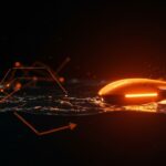 Dron submarino autónomo iluminado en naranja navegando en aguas profundas, simbolizando innovación y competencia tecnológica en defensa marítima.