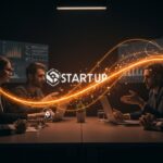 Evaluación rigurosa y transparencia en financiación startup resaltada con inversores analizando datos financieros y metáforas de fraude e inversión tech en estilo editorial cinematográfico.