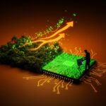 Economía verde en la Amazonía representada por un bosque fusionado con circuitos tecnológicos, destacando sostenibilidad y oportunidades para startups.