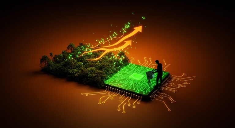 Economía verde en la Amazonía representada por un bosque fusionado con circuitos tecnológicos, destacando sostenibilidad y oportunidades para startups.