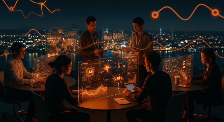 Ecosistema startup nórdico destacado con emprendedores tech colaborando y visualizaciones de inteligencia artificial en paleta naranja y negro.