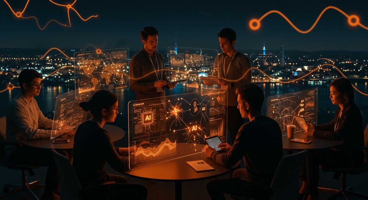 Ecosistema startup nórdico destacado con emprendedores tech colaborando y visualizaciones de inteligencia artificial en paleta naranja y negro.