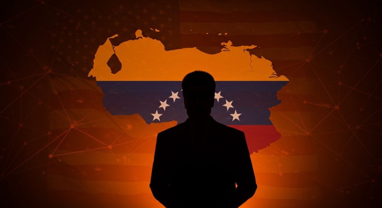 Conflicto geopolítico entre Estados Unidos y Nicolás Maduro por la transición política en Venezuela con metáforas visuales de presión y operaciones encubiertas.