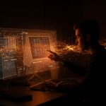 Emulación de UNIX antiguo en hardware moderno mostrando una interfaz vintage holográfica y un desarrollador interactuando en un entorno tecnológico startup.