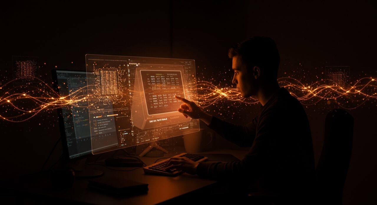 Emulación de UNIX antiguo en hardware moderno mostrando una interfaz vintage holográfica y un desarrollador interactuando en un entorno tecnológico startup.