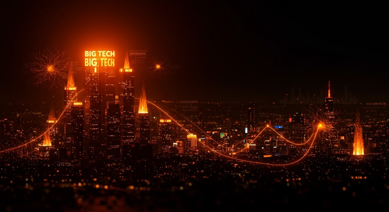 Visualización del S&P 493 mostrando la brecha entre las Big Tech y la economía estadounidense con metáforas de inversión, inteligencia artificial y startups.