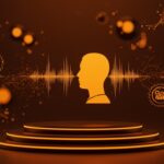 Representación visual ética de síntesis de voz por IA con figuras de celebridades y redes neuronales en ecosistema startup tecnológico.