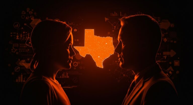 Elon Musk y Greg Abbott en una representación visual de la polémica por transparencia y regulación en el ecosistema tecnológico de Texas para startups.