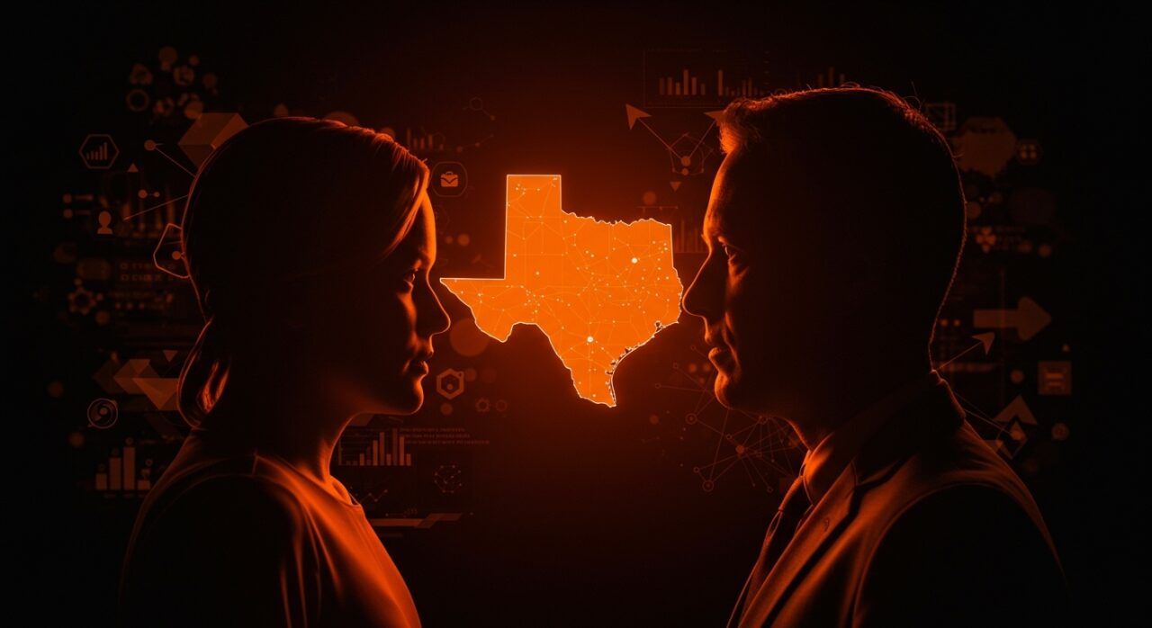 Elon Musk y Greg Abbott en una representación visual de la polémica por transparencia y regulación en el ecosistema tecnológico de Texas para startups.