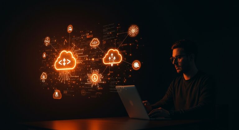 Desarrollador supervisando infraestructura backend tipo seguro automatizada en la nube con microservicios y DevOps para startups.
