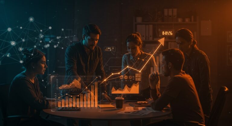 Equipo fundador de startup colaborando y reinventándose para escalar y alcanzar el product market fit con enfoque en crecimiento y gestión.