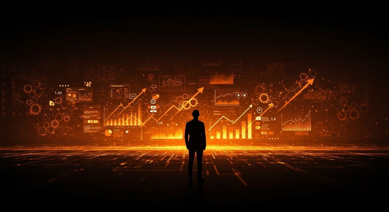 Líder de startup contemplando un horizonte digital que simboliza la era dial-up de la inteligencia artificial y su impacto en el mercado tecnológico.