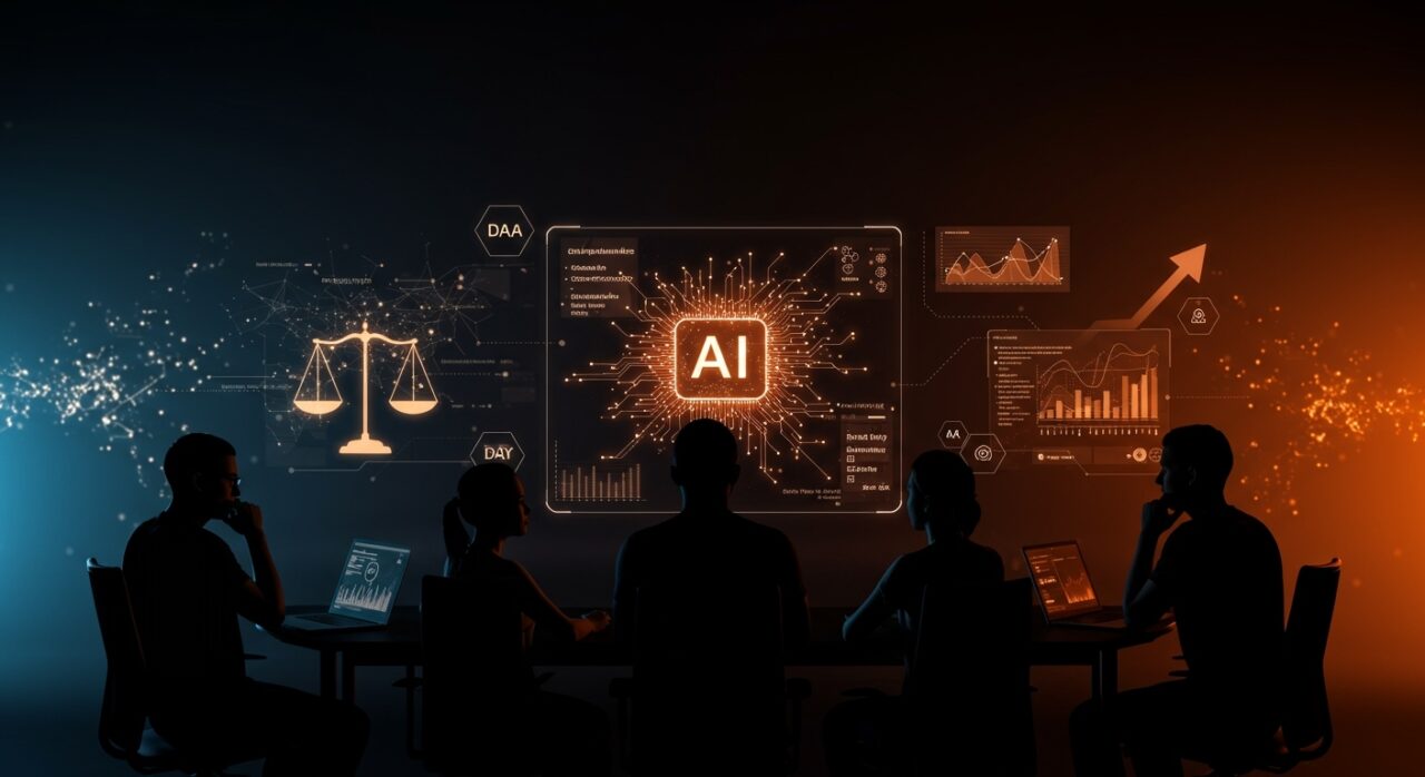 Trabajadores y fundadores de IA colaborando sobre aspectos éticos y calidad de datos en inteligencia artificial para startups tech.