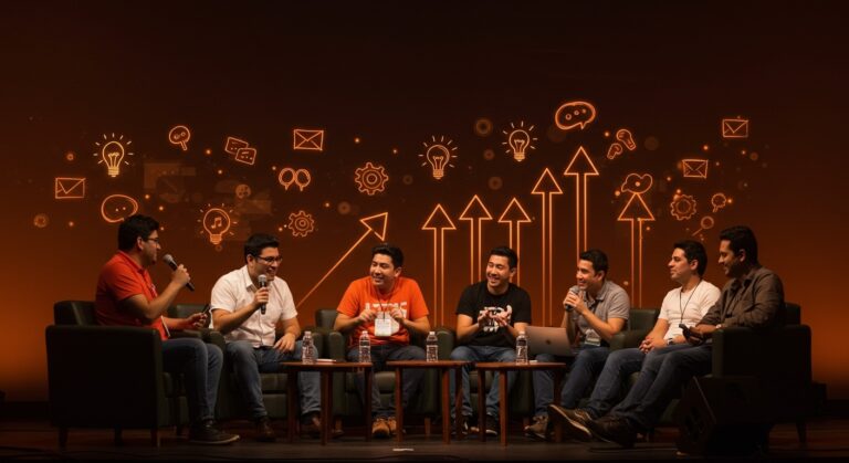 Evento EtMday 2025 con emprendedores latinoamericanos disfrutando de una comedia tecnocreativa inspiradora en tecnología y startups.