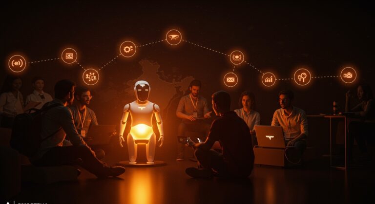 Evento EtMday 2025 con emprendedores y robot Tesla en Latinoamérica, simbolizando innovación, networking y crecimiento de startups.