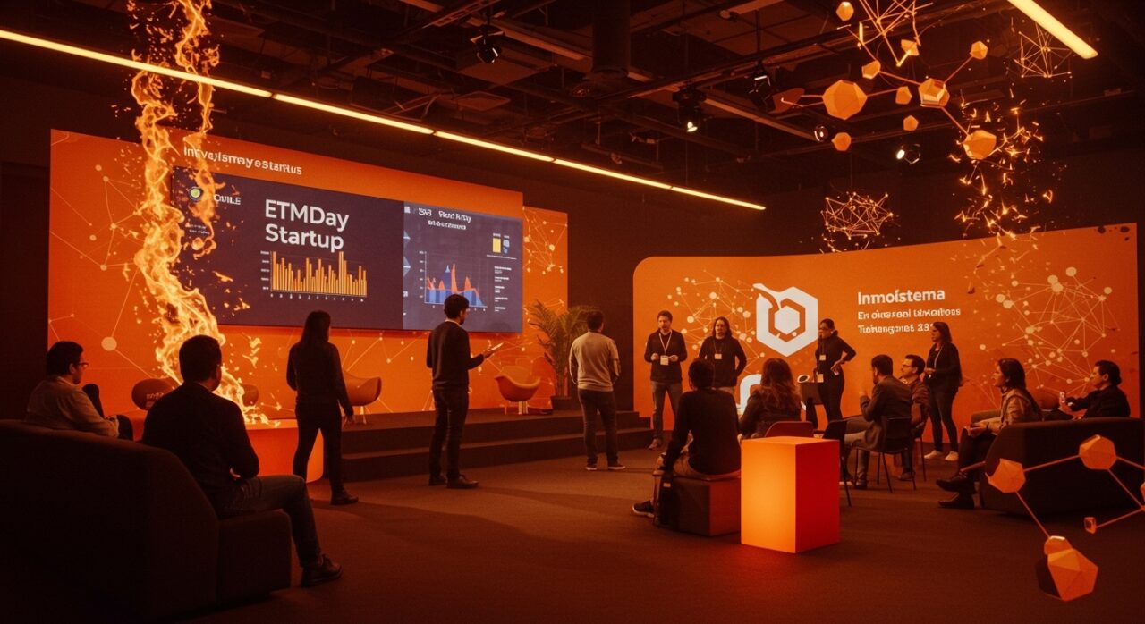 Evento EtMday 2025 con emprendedores colaborando y símbolos de innovación e inversión en el ecosistema startup de Chile.