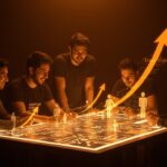 Grupo de emprendedores chilenos colaborando en un entorno digital que representa el ecosistema emprendedor impulsado por innovación y mentorías de Entel Digital y EtMday.