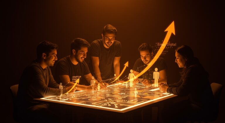 Grupo de emprendedores chilenos colaborando en un entorno digital que representa el ecosistema emprendedor impulsado por innovación y mentorías de Entel Digital y EtMday.