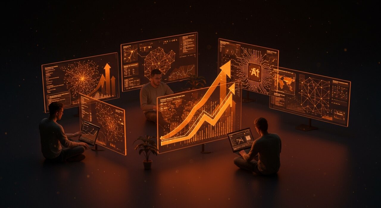 Evaluación de agentes de IA en startups tecnológicas con metáforas visuales de escalabilidad y validación en producción de inteligencia artificial.