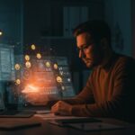 Founder analizando evidencia digital y emojis en un entorno tecnológico legaltech para startups y justicia digital.