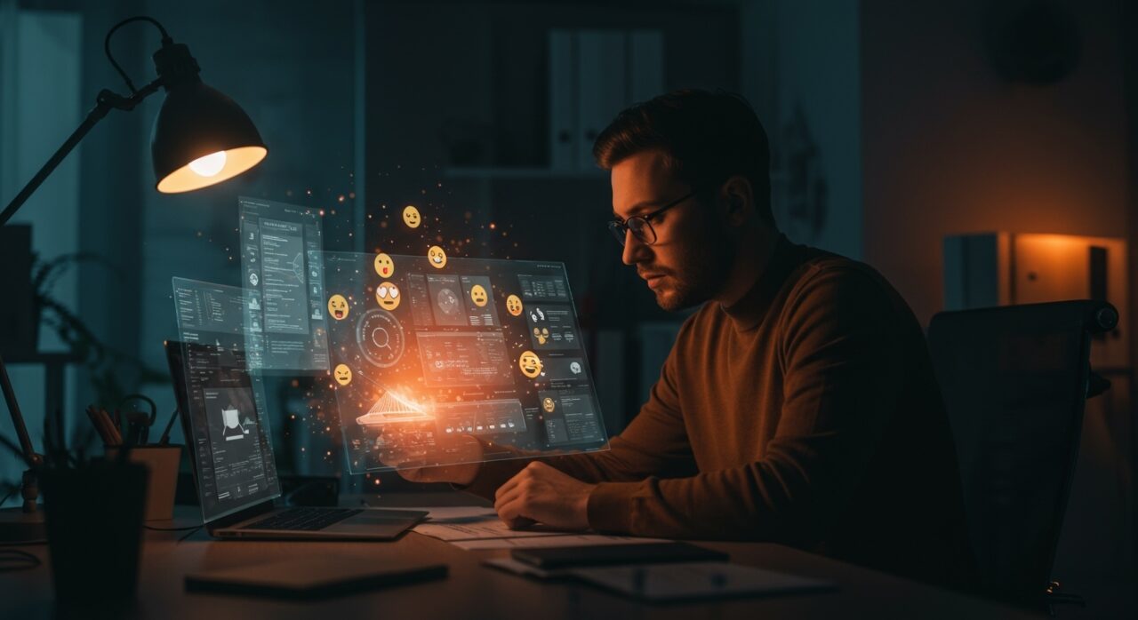 Founder analizando evidencia digital y emojis en un entorno tecnológico legaltech para startups y justicia digital.