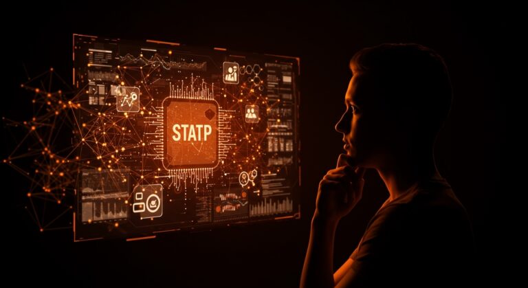 Fundador de startup contemplando una interfaz digital con redes neuronales en tonos naranjas representando la adopción genuina de inteligencia artificial y transformación digital.