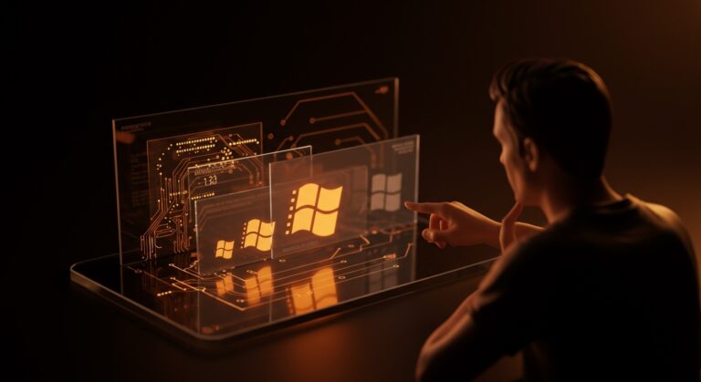 Evolución visual de la GUI de Windows con un fundador tech contemplando interfaces de usuario innovadoras, destacando tendencias en diseño y tecnología para startups.