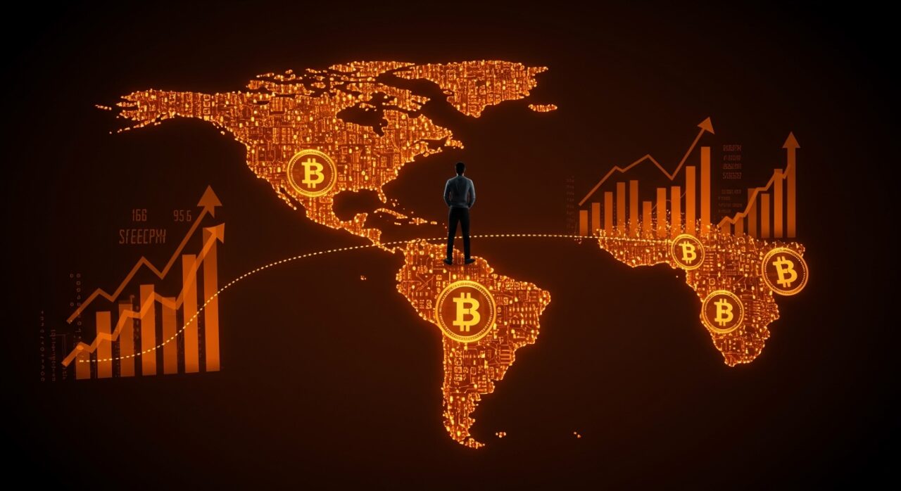 Líder fintech conectado a un mapa digital de América Latina con iconografía de stablecoins y blockchain, representando pagos digitales y adquisición de startup en la región.