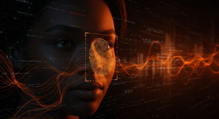 Recolección de datos biométricos y vigilancia en EE.UU. destacando la privacidad y seguridad nacional bajo tecnología avanzada.